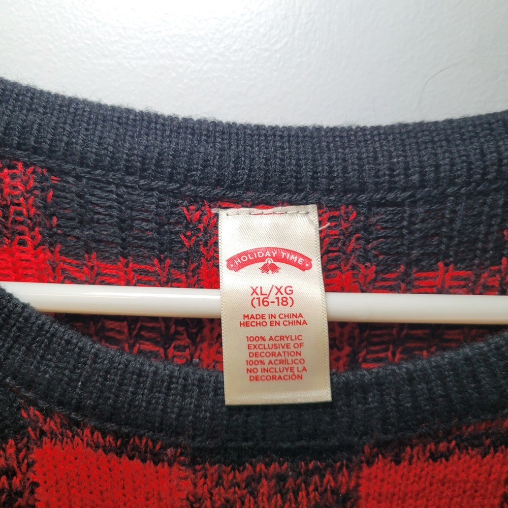 Holiday Time Reindeer Buffalo Plaid Christmas Sweater XL 16-18 Red Black Sequin‎ - Picture 5 of 6